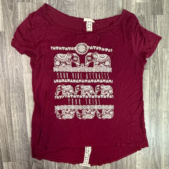 French Pastry Elephant Graphic Crop Tee Your Vibe Attracts Your Tribe Burgundy - Picture 1 of 5